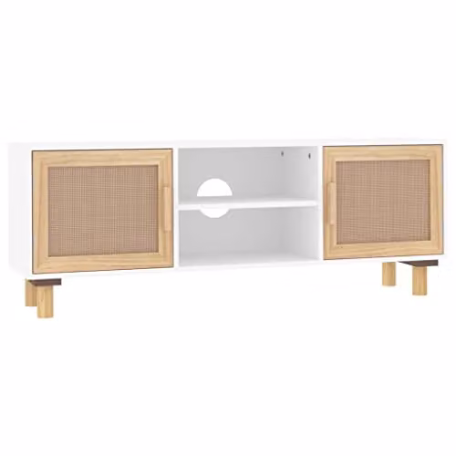 vidaXL Scandinavian TV Cabinet in White Solid Pine and Natural Rattan, W/D/H: 105 x 40 x 40 cm