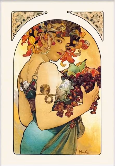 Alphonse Mucha Art Nouveau Fruit Floral Paper Poster in Yellow and Multicolour