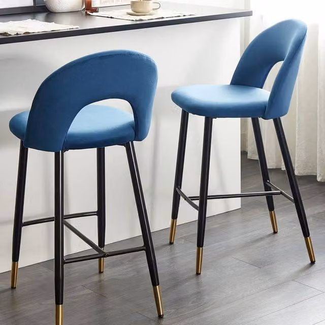 Wyld and Coco Set of 2 Blue Velvet Bar Chairs with Black Steel and Gold Accents