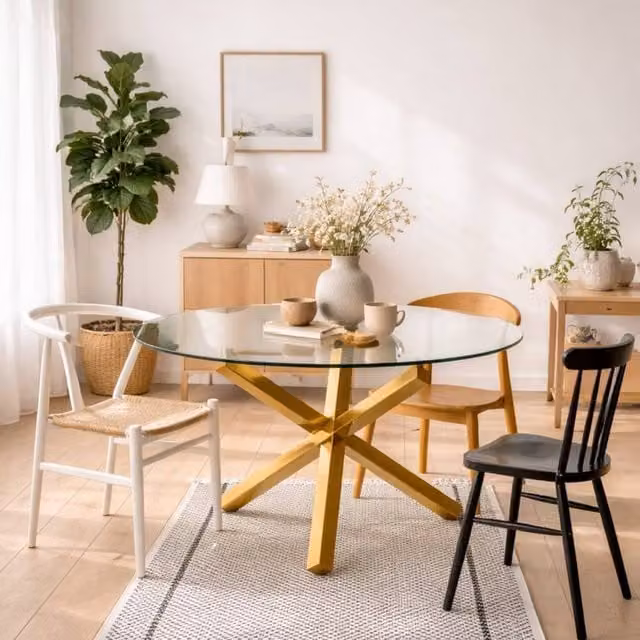 Wyld Haus San Sebastian Round Glass Dining Table for 4 People in Transparent and Gold – 1