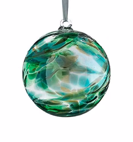 Sienna Glass Green Emerald Birthstone Round Glass Bauble Ornament with Hanging Ribbon, Diameter: 10 cm