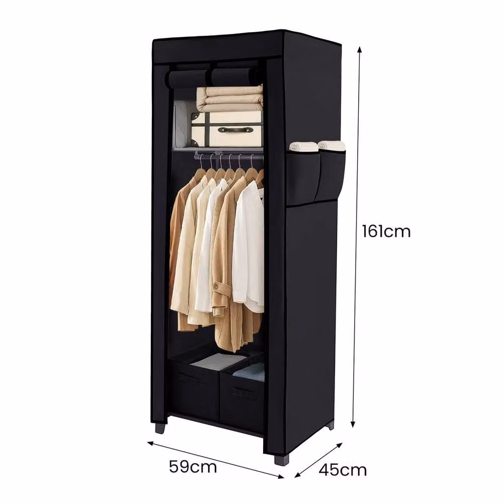 KORVIXA Portable Fabric Wardrobe in Black with Integrated Drawers and Hanging Rod, W/D/H: 100 x 100 x 100 cm – 2
