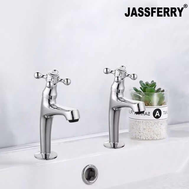 JASSFERRY Victorian Tall Basin Pillar Tap Pair with Crosshead Handles in Chrome Silver