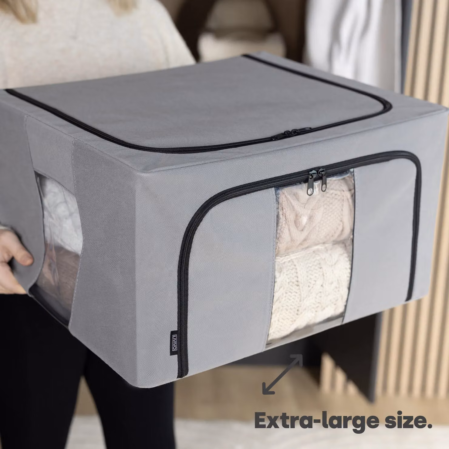 LIVIVO Set of 3 Grey Fabric Storage Bags for Bedding and Clothes, Foldable Underbed Organisers – 9