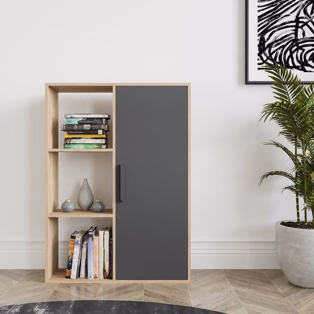 DECOROTIKA Patrick Modern Minimalist Bookcase Display Unit with Cabinet in Sapphire Oak and Anthracite W/D/H: 125 x 34 x 25.4 cm