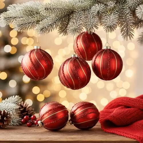 SHATCHI 12-Piece Red Glass Christmas Bauble Set with Assorted Geometric and Striped Designs, Diameter: 8 cm – 8