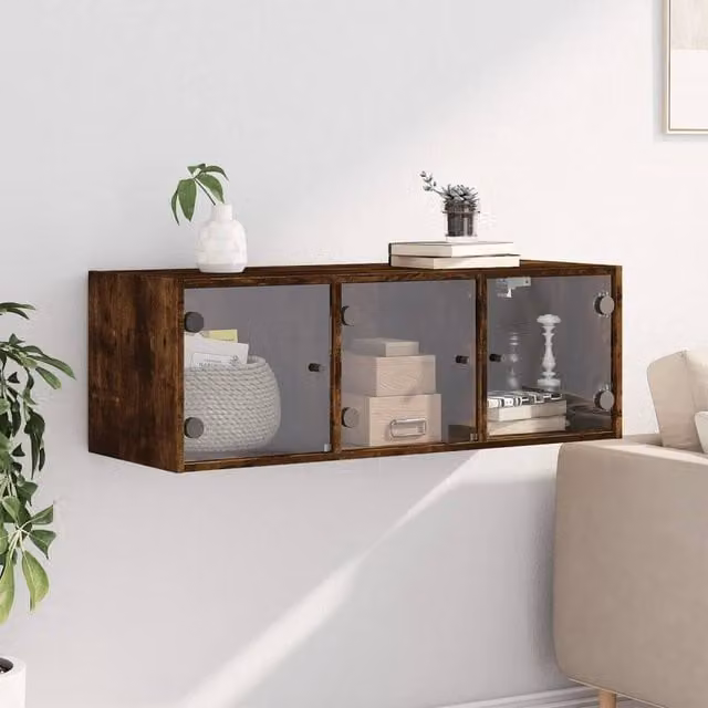 Berkfield Home Wall Cabinet with Glass Doors in Smoked Oak Brown, W: 102 cm, D: 37 cm, H: 35 cm – 1
