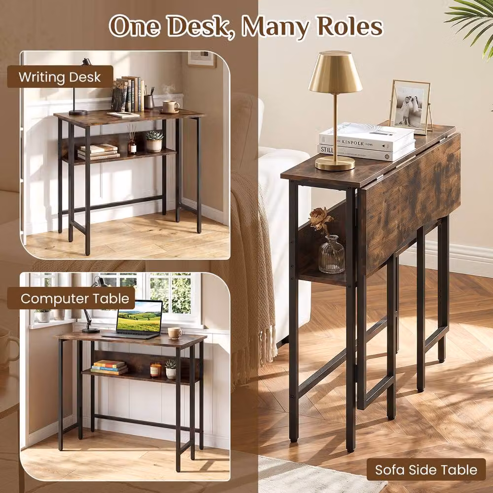Costway Small Folding Computer Desk with Storage Shelf in Brown – 7