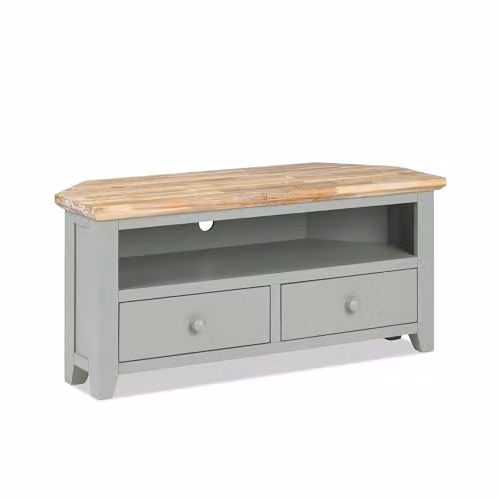 Statement Furniture Florence Wooden Corner TV Stand in Sage Green with Acacia Hardwood Top, 2 Drawers and Shelf, W: 108 cm, H: 50 cm, D: 40 cm – 1