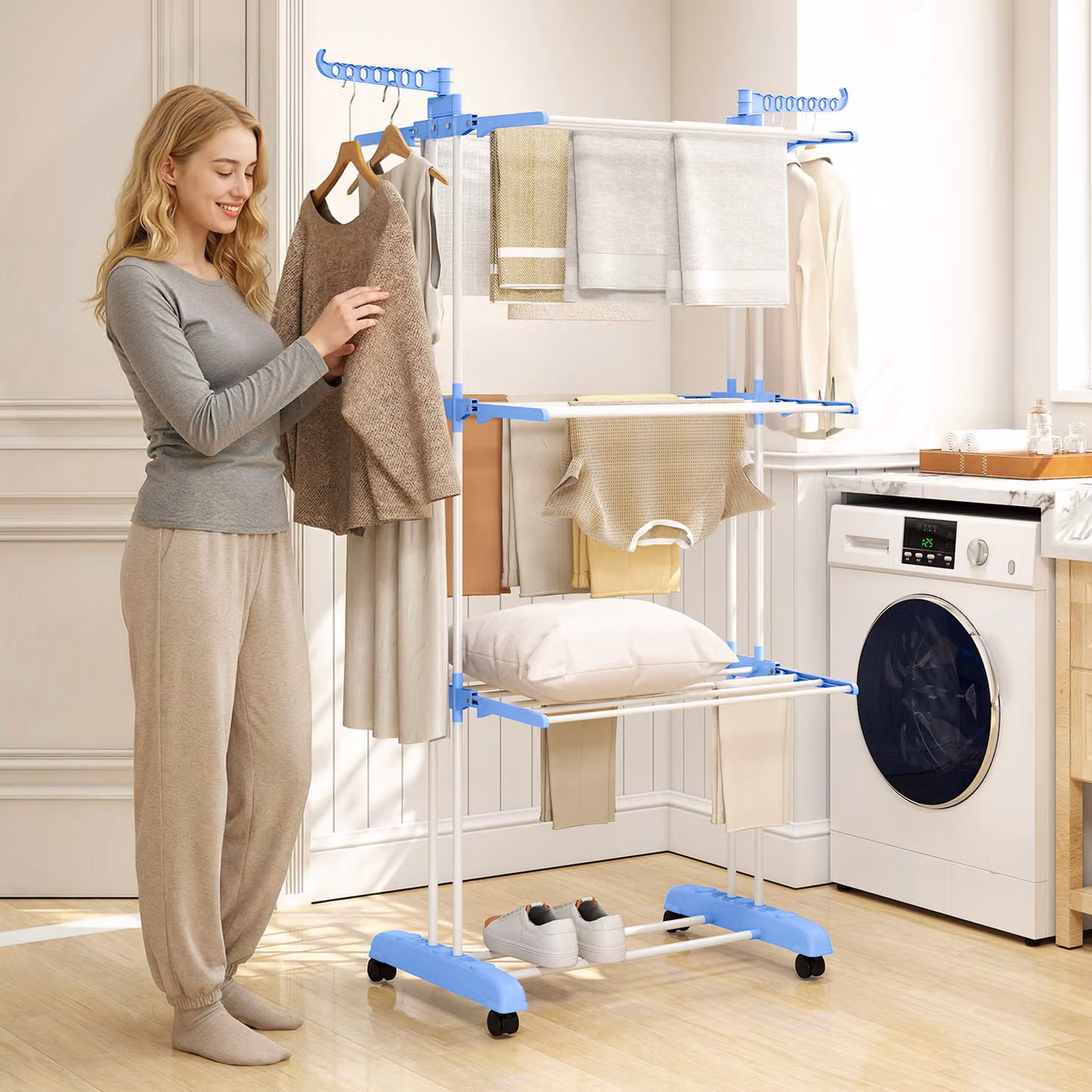 HOMCOM 4-Tier Foldable Steel Clothes Drying Rack with Castors and Hooks, Blue – 2