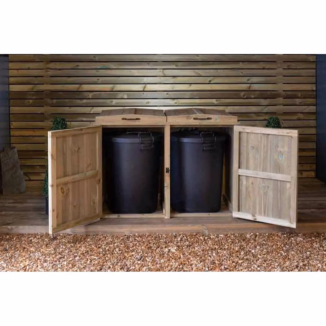 Buttercup Farm Paythorne Double Timber Dustbin Store in Brown, W122.5 x D64 x H88 cm – 2