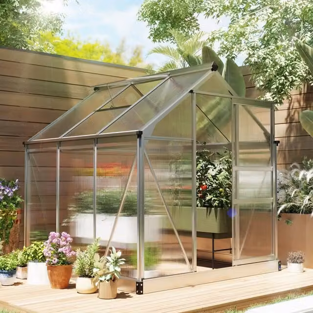 Outsunny Silver Aluminium and Polycarbonate Walk-In Garden Greenhouse with Sliding Doors, Height: 192 cm