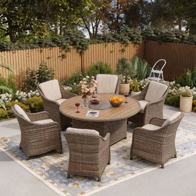 Furniture One 6 Seater Rattan Garden Furniture Set in Nature with Round Fire Pit Table and 6 Armchairs
