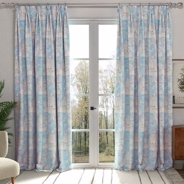 Ante Decor Sail Away Made to Measure Blackout Cotton Curtain in Blue with Nautical Graphic and Eyelets