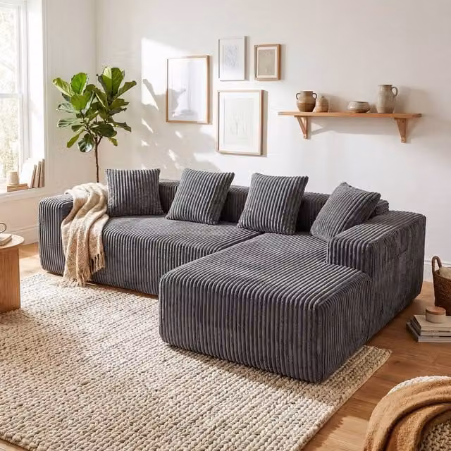 Dprodo 4 Seater Modular Right L-Shaped Sectional Sofa in Grey Velvet Cord Fabric, Width: 261 cm