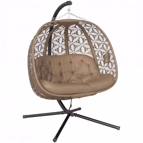 Outsunny Double Hanging Swing Chair with Metal Stand and Cup Holders in Sand Brown