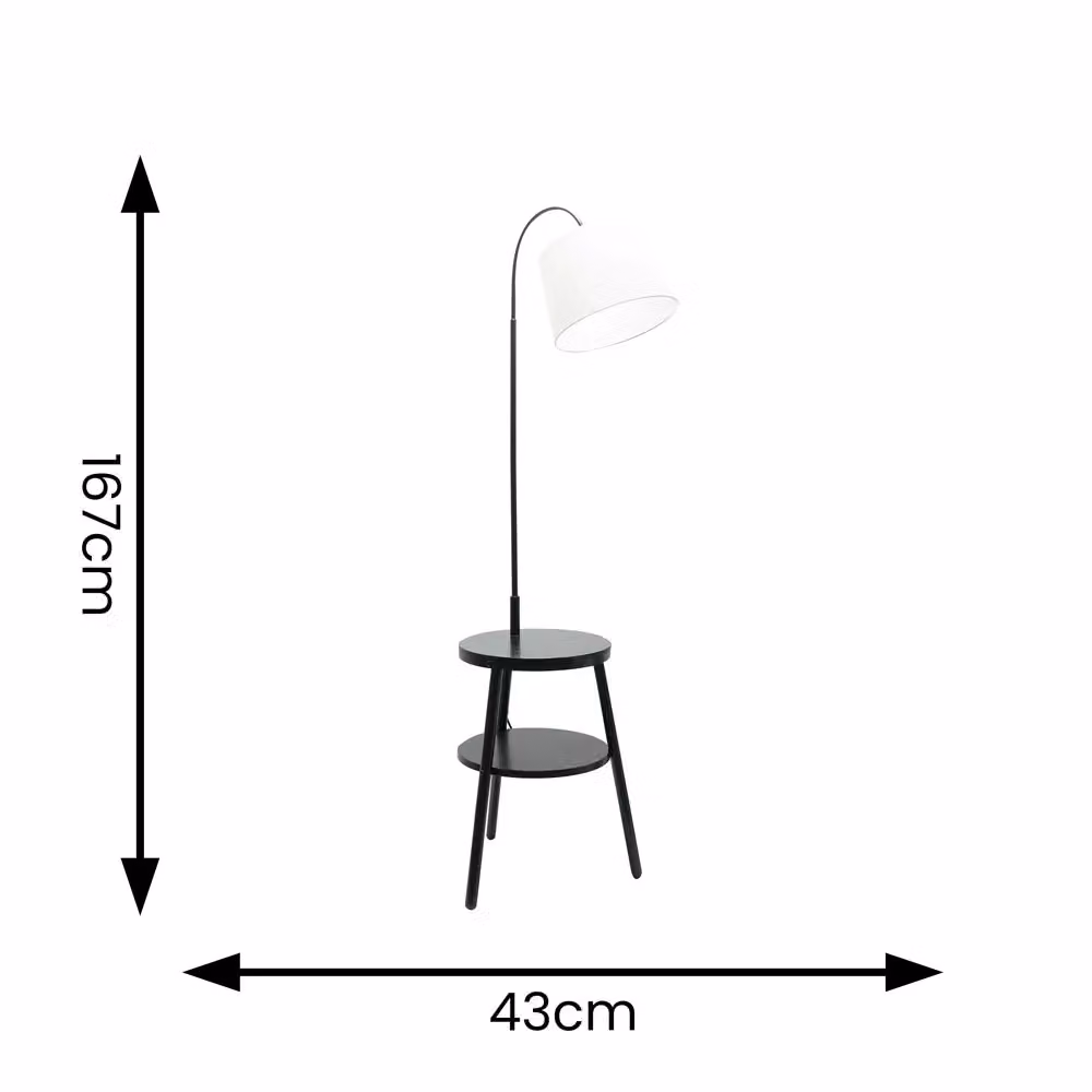 ValueLights Crowther Black Wooden Tripod Floor Lamp with Shelved Side Table and Fabric Shade, H 167 x W 43 x D 43 cm – 3