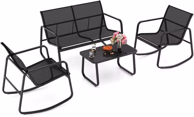 Costway 4 Piece Black Metal and Glass Outdoor Patio Rocking Chair Conversation Set