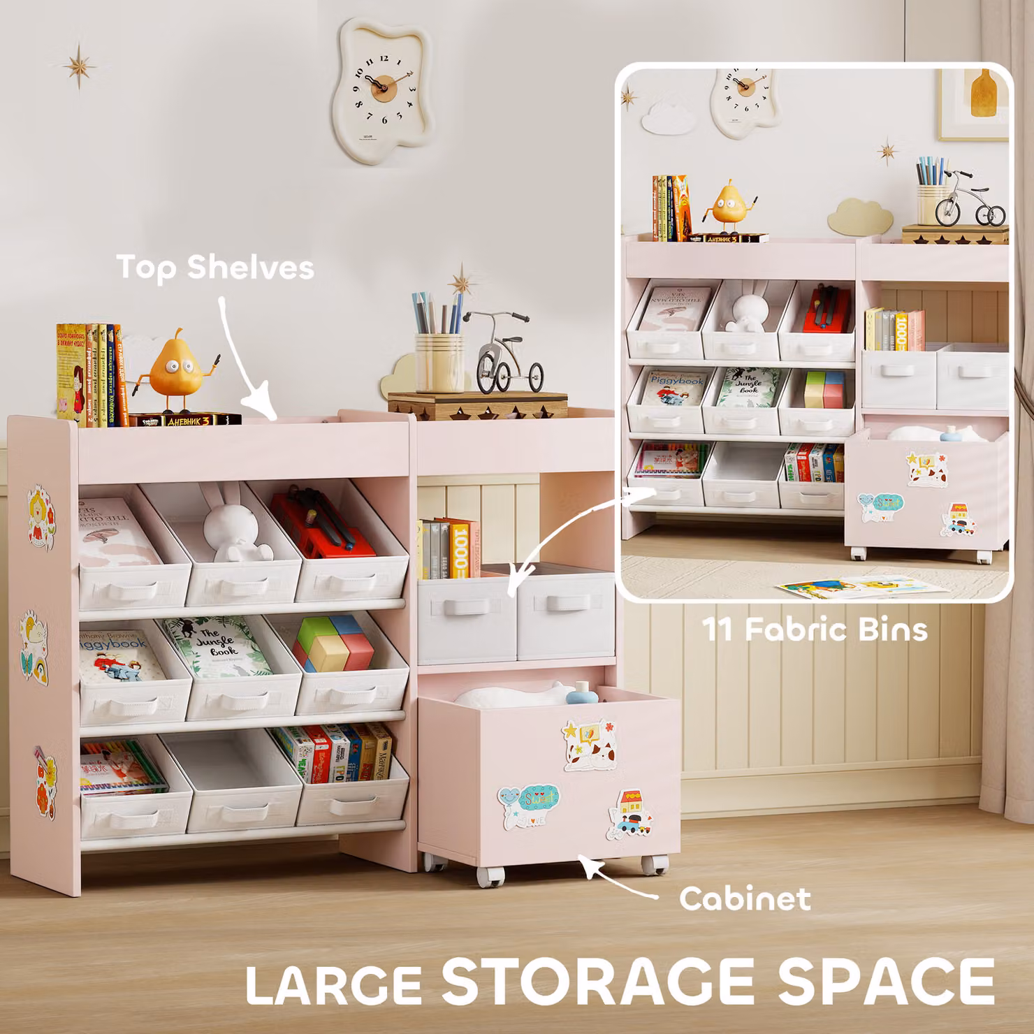 AIYAPLAY Kids Toy Storage Unit with 11 Bins, Cabinet and Top Shelves, Pink – 2