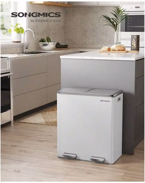 SONGMICS Dual Recycling Bin with Soft Closure and Pedal, White, Width: 58.5 cm