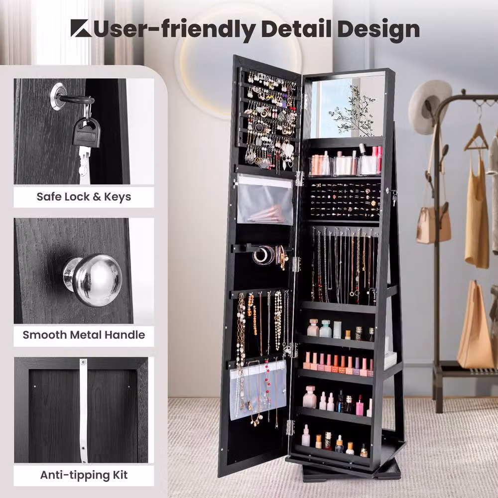 Gymax 3-in-1 Jewellery Mirror Cabinet in Black with 360 Degree Swivel and Lockable Hinged Doors – 6