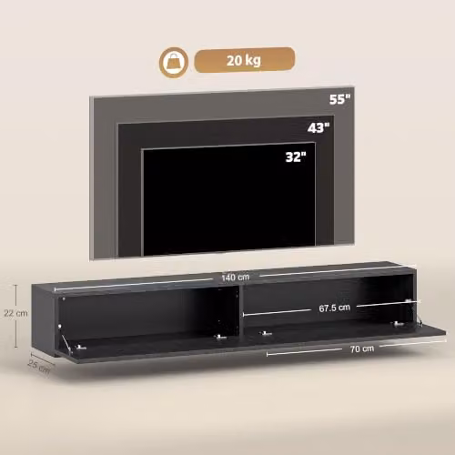 HOMCOM Modern Black Floating TV Unit for Televisions up to 72 Inch, W/D/H: 140 x 25 x 25 cm – 5