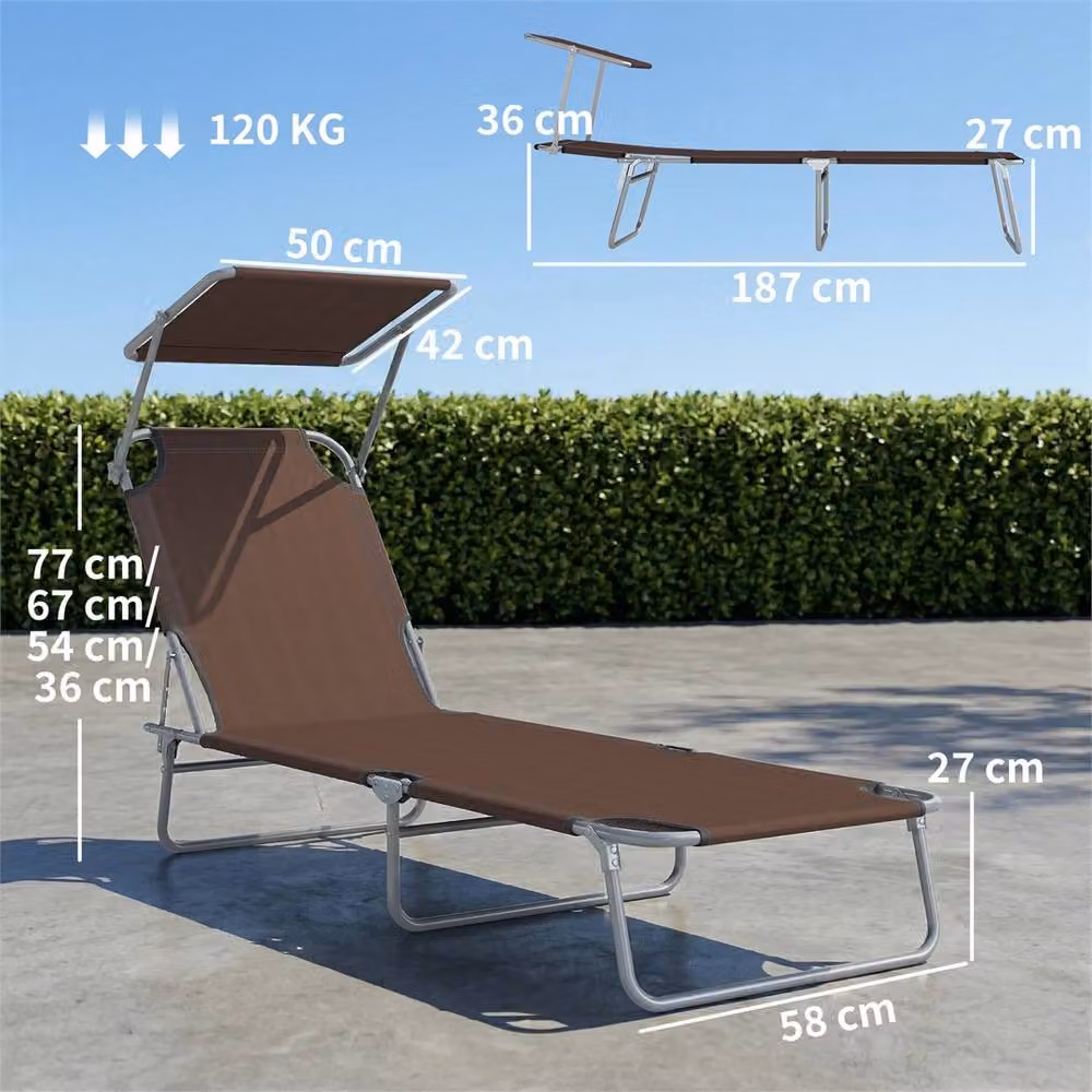 EONLION Brown Reclining Sun Lounger Chair with Adjustable Headrest and Sun Canopy – 2
