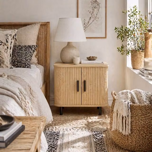 Wyld Haus Ritava Oak Tone Tambour Bedside Table with 2 Sliding Doors in Natural Brown and Black, W/D/H: 40 x 48 x 48 cm – 1