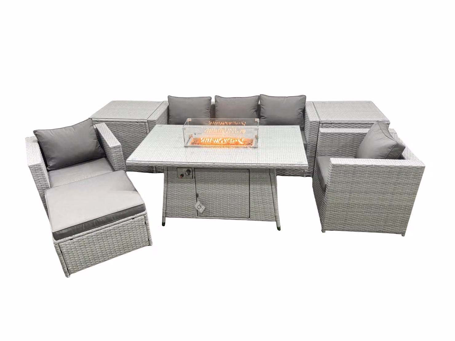 Fimous Rattan Garden Furniture Set with Gas Fire Pit, Lounge Sofa, Armchairs, Ottoman and Coffee Table in Light Grey – 2