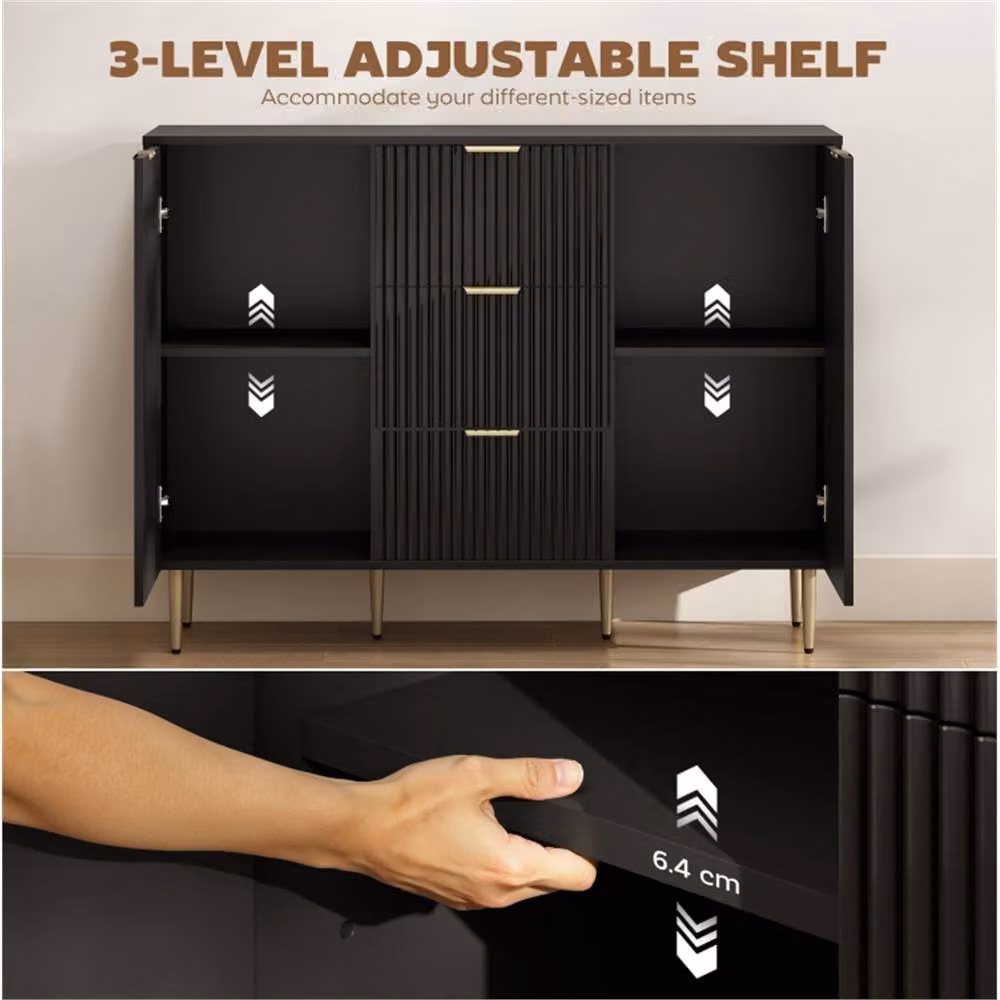 ERGOVEXA Black Lacquered 2-Door Sideboard with 3 Drawers and Adjustable Shelves, W: 120 cm, H: 89.5 cm, D: 40 cm – 4