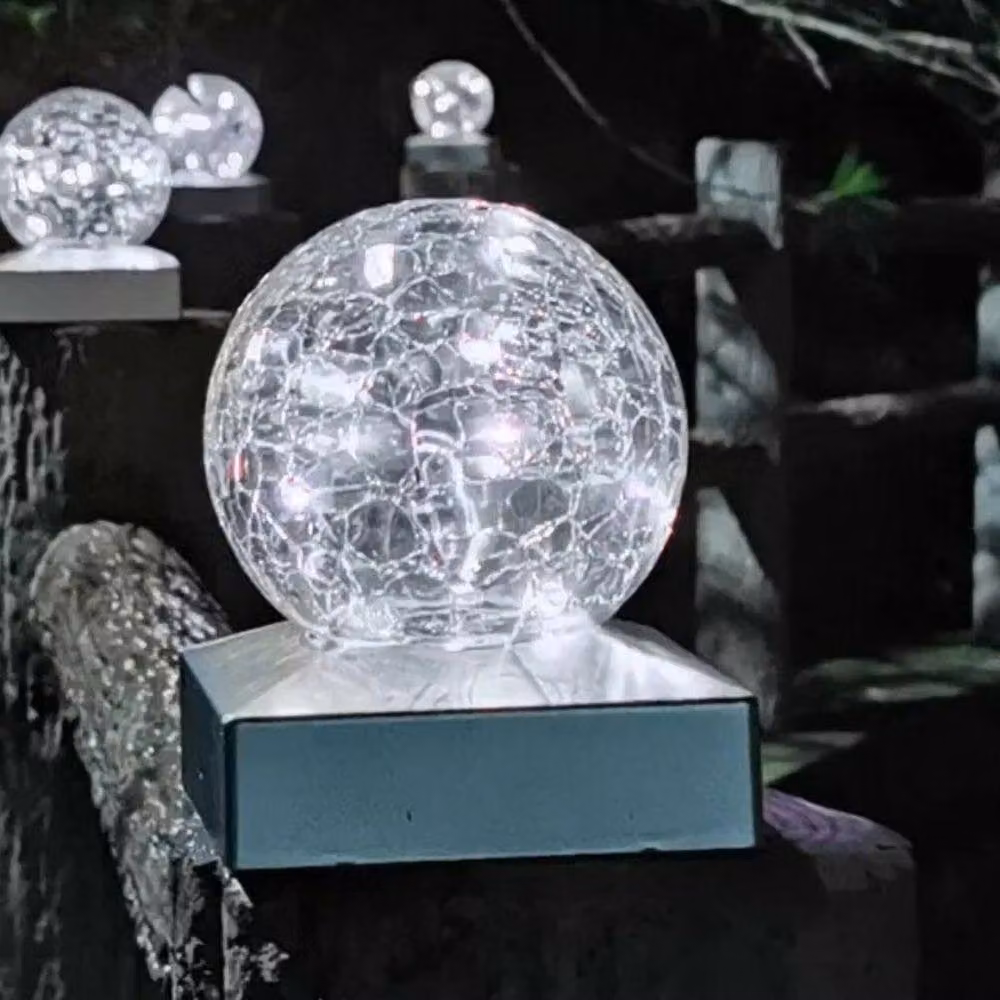 Marco Paul 4pc Solar Crackle Glass Sphere Post Lights in Transparent – 4