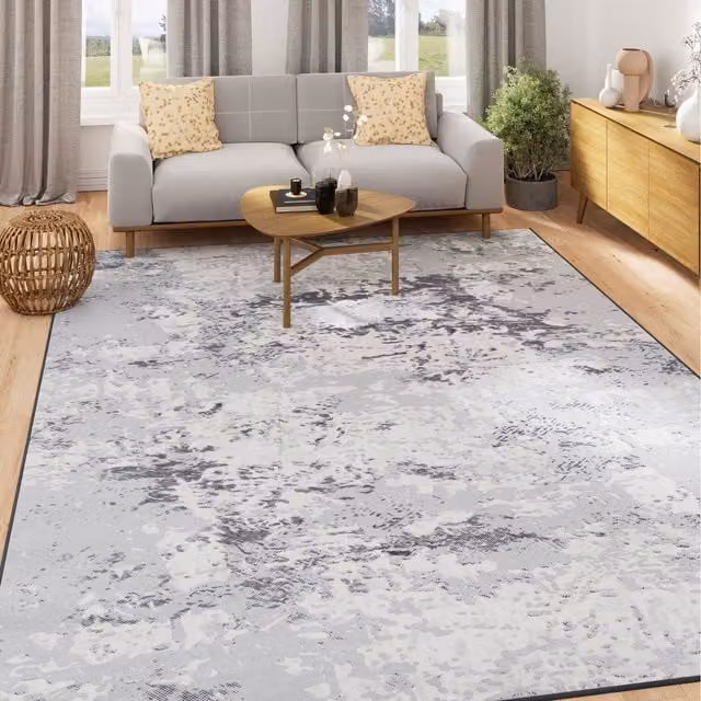 The Rug House Silver Abstract Washable Rectangular Rug in Grey, Silver and White, 160 cm