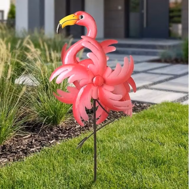 Garden Greatness Pink Multicolour Flamingo Garden Stake Wind Spinner