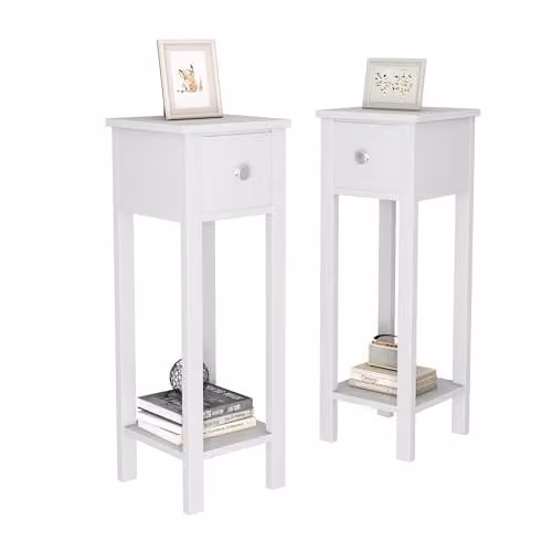 MCC Direct Amelia Set of 2 Solid Wooden Bedside Tables with Open Shelf and Drawer in White