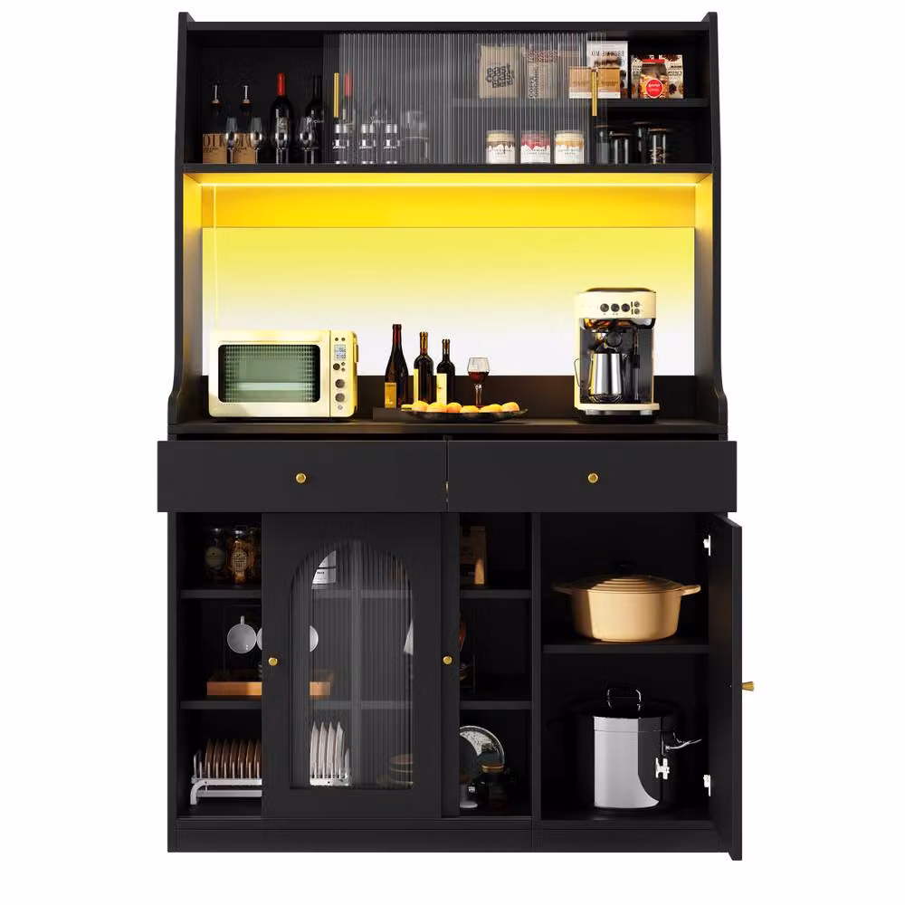 Rolipo Modern Tall Black Kitchen Cabinet Buffet Sideboard with Matt Finish and Integrated LED Glass Doors – 3