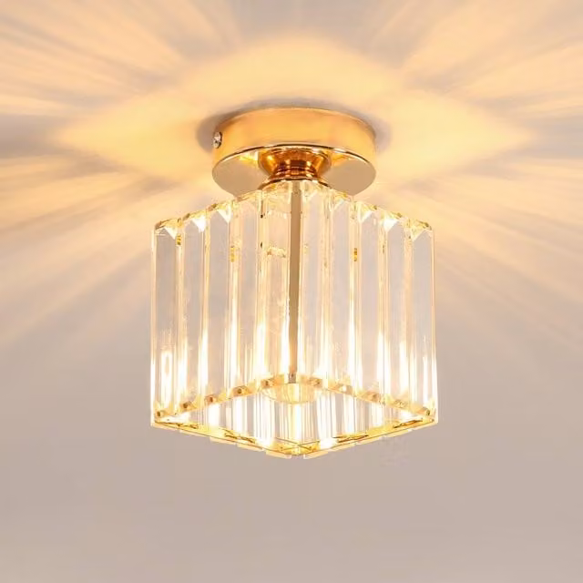 Goeco Square Crystal Semi Flush Mount Ceiling Light in Gold/Brass with E27 Socket