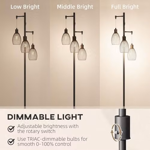 HOMCOM Dimmable 3-Light Industrial Floor Lamp in Black, Height: 170.5 cm – 3