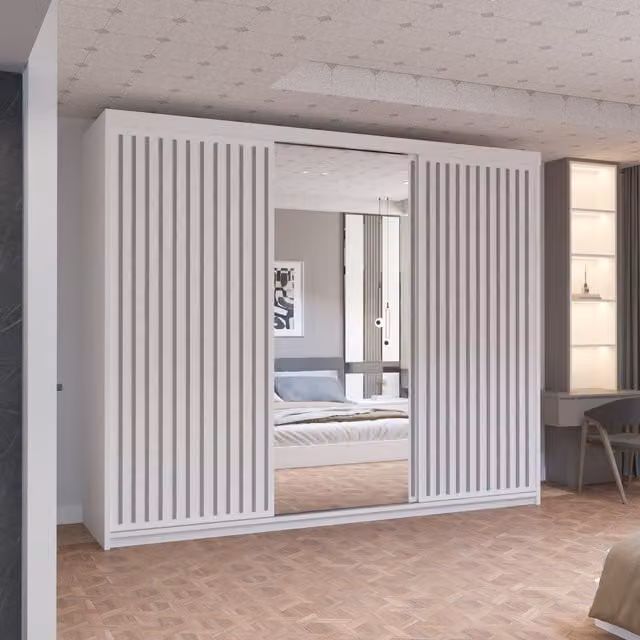 MN Furniture Reno 3 Sliding Door Wardrobe with Mirror and LED Light in Oak and White, W: 250 cm, H: 217 cm