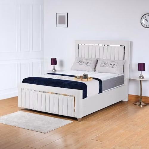 Living Comfort Bedz Zurich Plush Velvet 6FT Super King Gas Lift Storage Bed in White with Silver Trim Detailing – 1