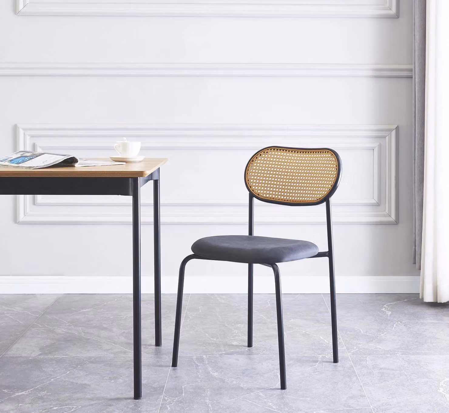 Nordlys Set of 2 Industrial Black Metal and Rattan Dining Chairs with Bouclé Fabric – 2