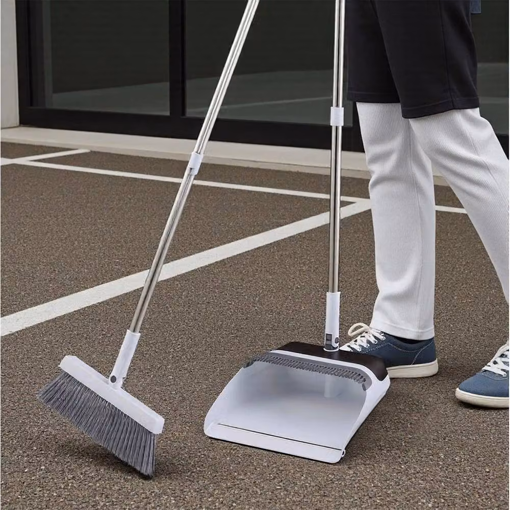 NESTLUNE Long Handled Metal Dustpan and Brush Set in Grey and White, H: 100 cm, W: 15 cm – 3