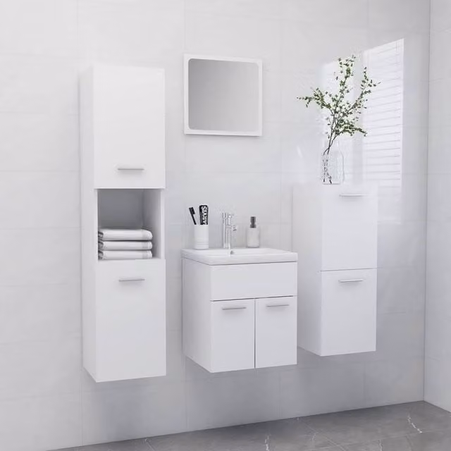 Berkfield Home Modern White Bathroom Furniture Set including Vanity Unit, Side Cabinet, Tall Cabinet and Mirror Cabinet