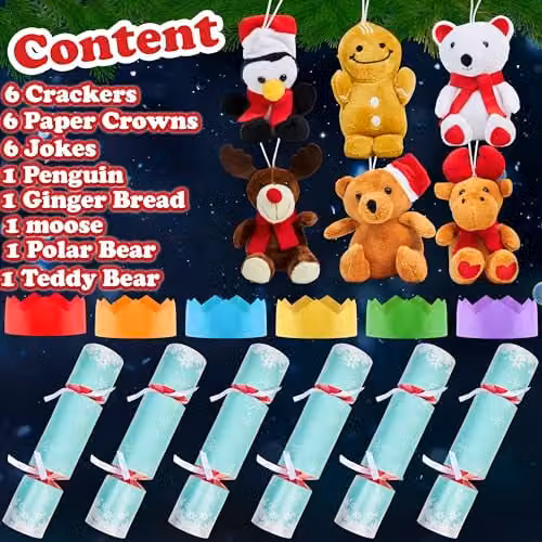 KreativeKraft Luxury Christmas Crackers, Set of 6 Plush Animal Hanging Tree Ornaments in Green and Multicolour – 9