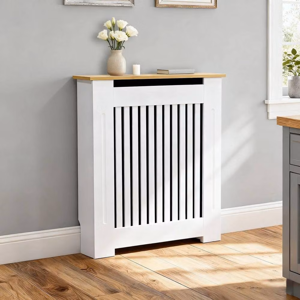 FORGEVIO Vertical Small Radiator Cover in White with Wood Texture Top, H 83 x W 78 x D 20 cm – 3