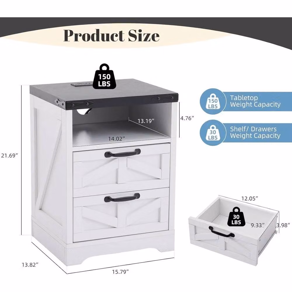 VOGREX White Farmhouse Bedside Table with 2 Drawers and USB Charging Port – 2
