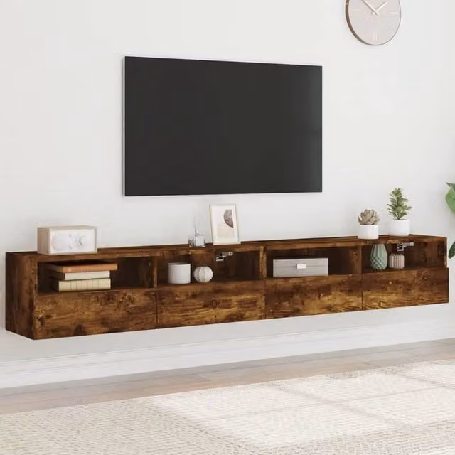 Berkfield Home Set of 2 Smoked Oak Wall Mounted TV Cabinets in Brown, W/D/H: 100 x 30 x 30 cm