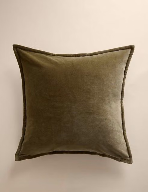 M&S Pure Cotton Velvet Square Cushion Cover in Green
