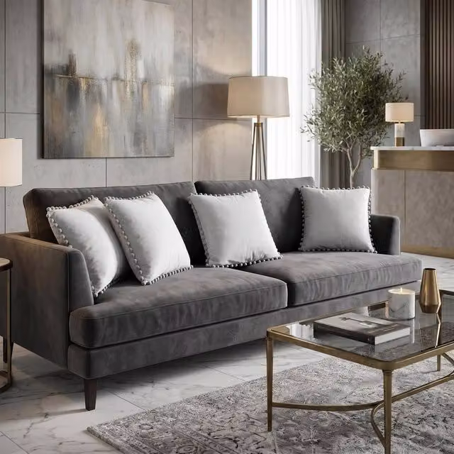 Luxury Living Set of 4 Silver Velvet Square Cushions with Pom Trim, W/D/H: 43 x 43 x 43 cm – 1