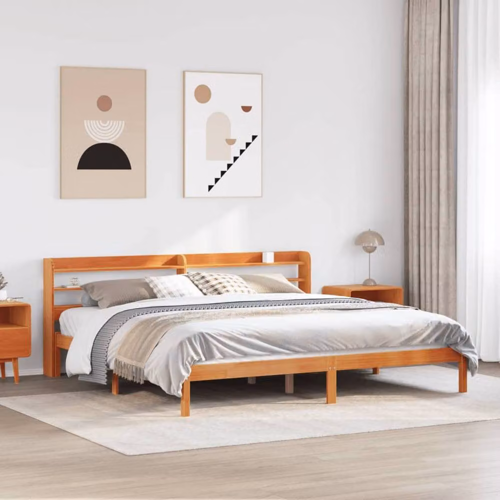 Berkfield Home Solid Pine Bed Frame with Headboard and Side Compartments in Wax Brown, 200 x 200 cm – 2