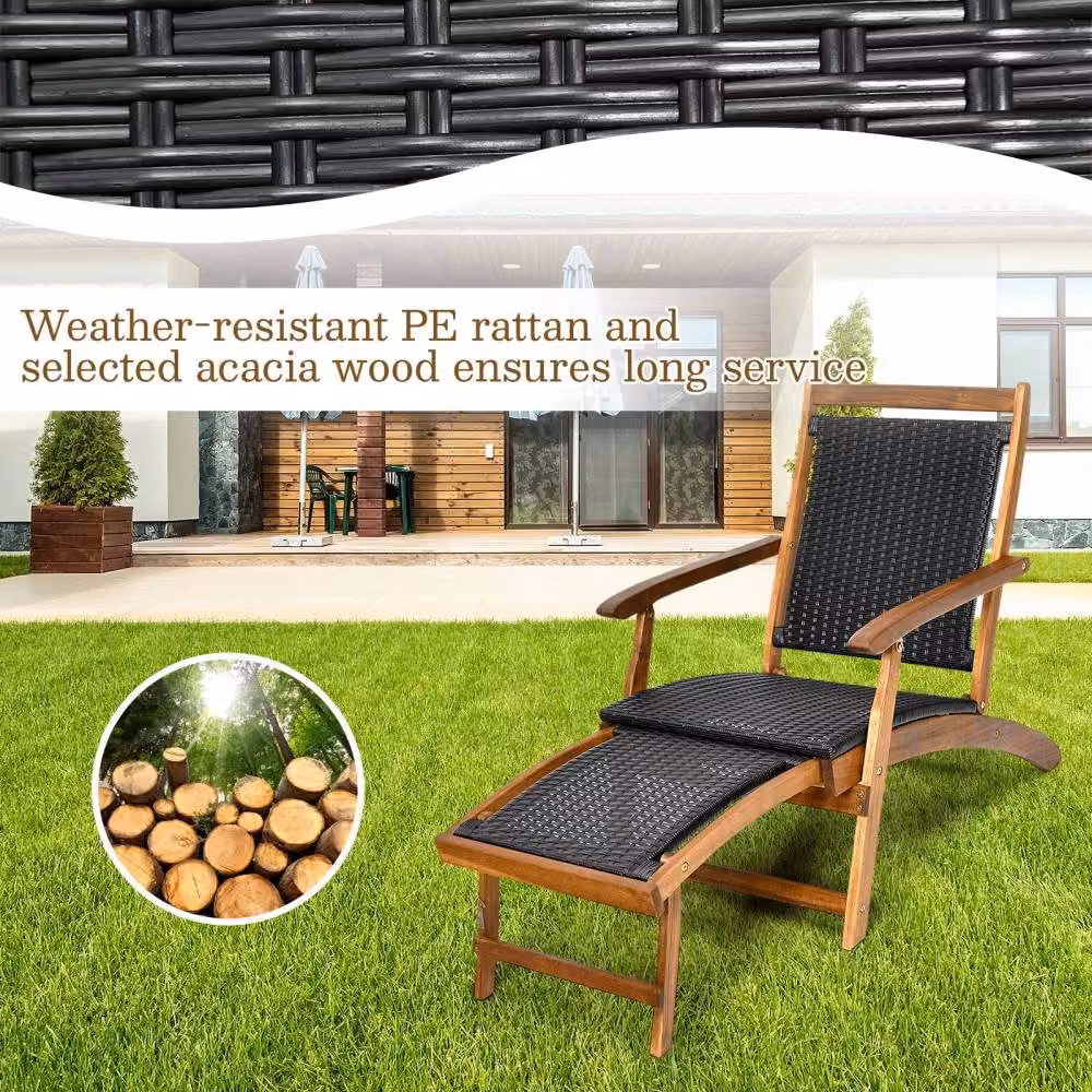 Costway Folding Acacia Wood Lounge Chair with Retractable Footrest in Dark Brown – 6